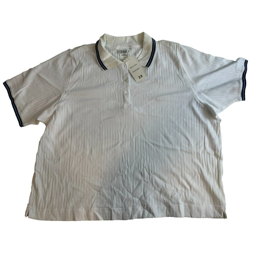 Maria Plus Women's White Ribbed Collared Polo Shirt with Stripe Accents Size 2X